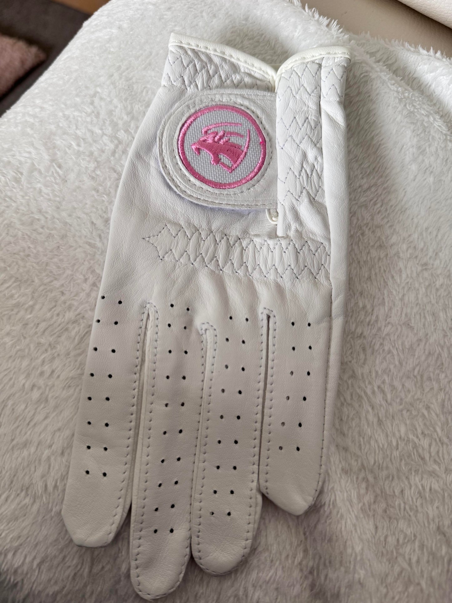 Womans Pearl White & Pink Premium Cabretta Leather Panther Golf Glove