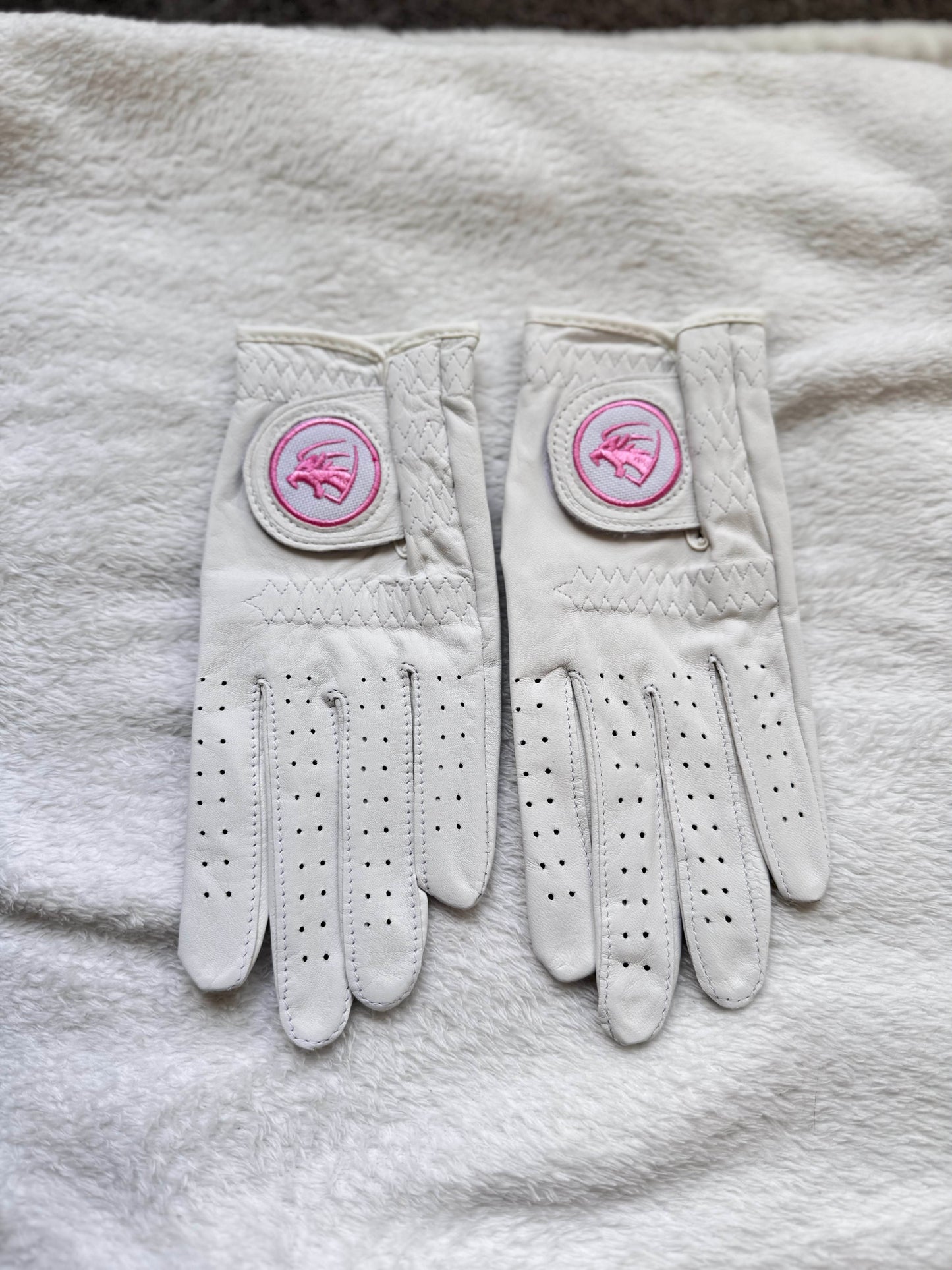Womans Pearl White & Pink Premium Cabretta Leather Panther Golf Glove