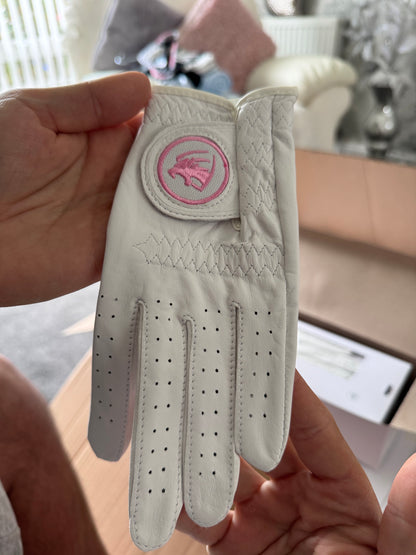 Womans Pearl White & Pink Premium Cabretta Leather Panther Golf Glove
